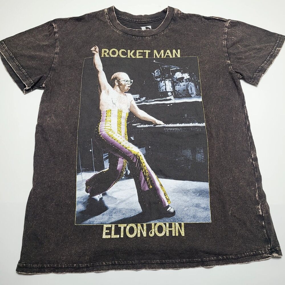 Men's Elton John Rocket Man Graphic Tee Shirt Size Small Brown Distressed